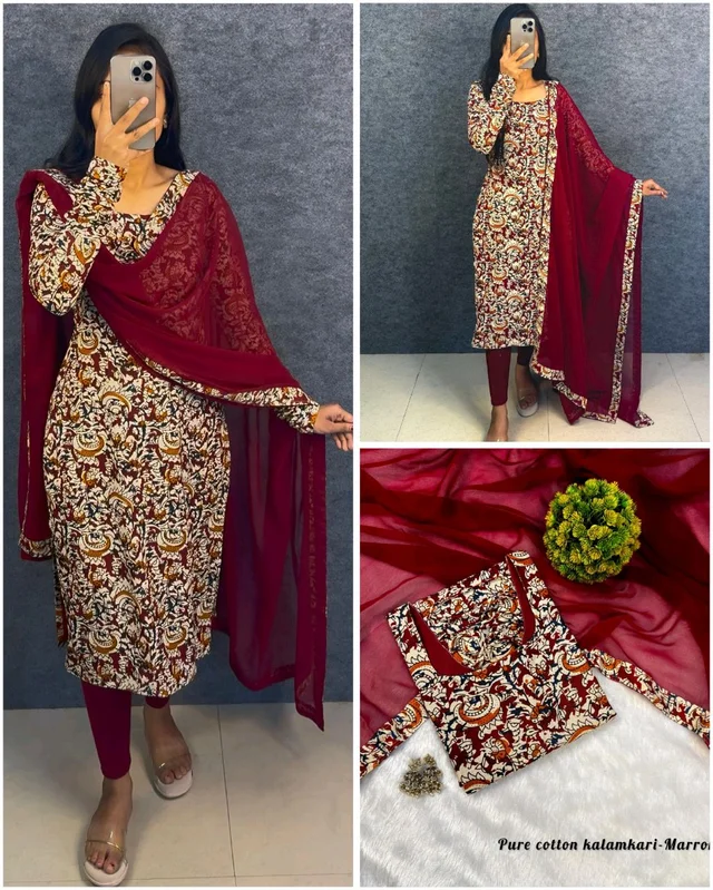 Thooriga - Pure Cotton Kalamkari Kurti Set - XXL, Maroon