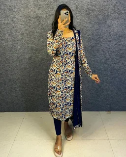Thooriga - Pure Cotton Kalamkari Kurti Set - XXL, Navy Blue