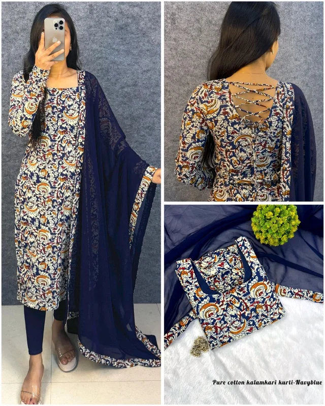 Thooriga - Pure Cotton Kalamkari Kurti Set - 3XL, Navy Blue
