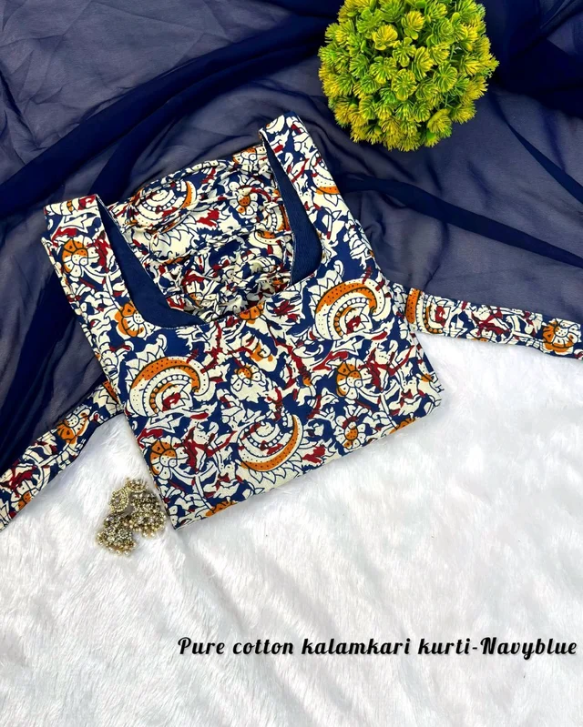 Thooriga - Pure Cotton Kalamkari Kurti Set - 3XL, Navy Blue
