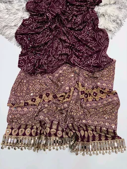 Pure Ajrakh Satin Viscose Silk Saree with Mirror Work - Maroon