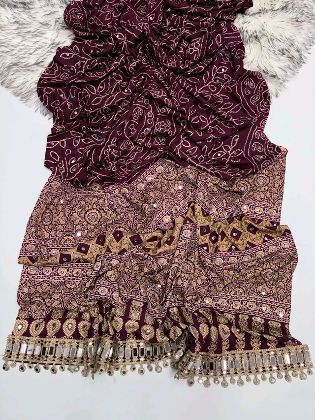 Pure Ajrakh Satin Viscose Silk Saree with Mirror Work - Maroon