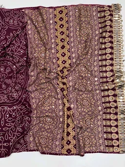 Pure Ajrakh Satin Viscose Silk Saree with Mirror Work - Maroon