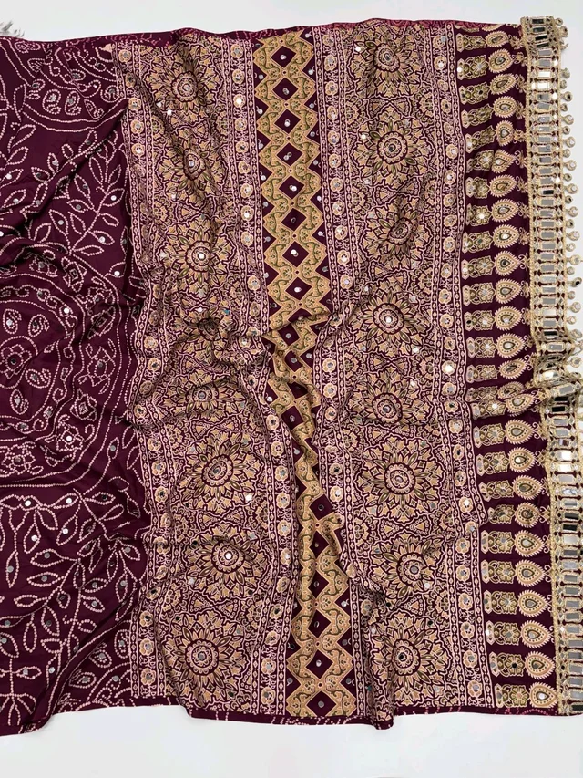Pure Ajrakh Satin Viscose Silk Saree with Mirror Work - Maroon