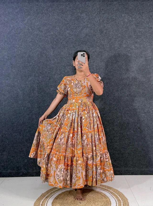 Akira - Kalamkari Soft Cotton Flared Maxi - M, Orange
