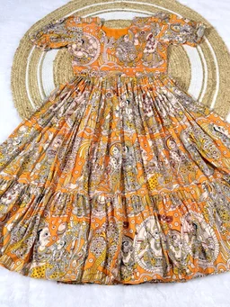 Akira - Kalamkari Soft Cotton Flared Maxi - L, Orange