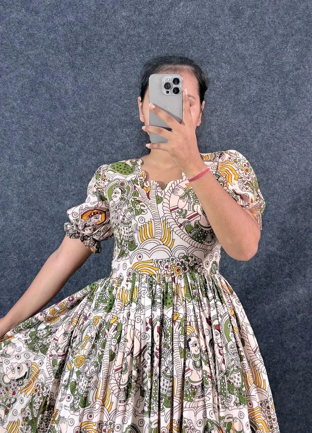 Akira - Kalamkari Soft Cotton Flared Maxi - XL, Green