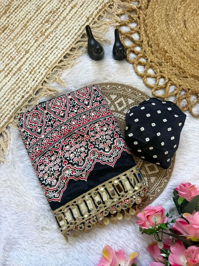 Ajrak Pure Ajrakh Satin Viscose Silk Saree with Mirror Work - Black