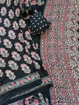 Ajrak Pure Ajrakh Satin Viscose Silk Saree with Mirror Work - Black