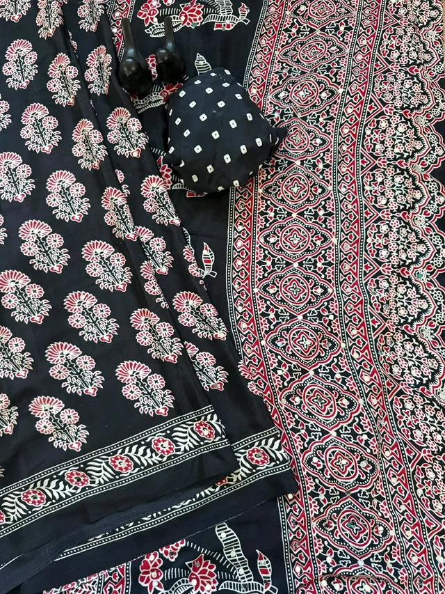 Ajrak Pure Ajrakh Satin Viscose Silk Saree with Mirror Work - Black