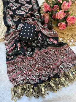 Ajrak Pure Ajrakh Satin Viscose Silk Saree with Mirror Work - Black