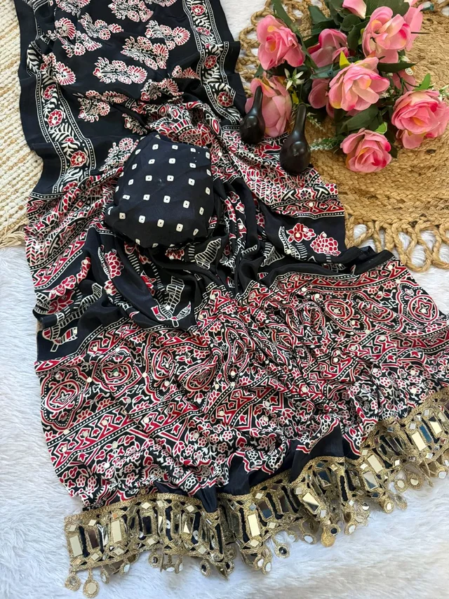 Ajrak Pure Ajrakh Satin Viscose Silk Saree with Mirror Work - Black