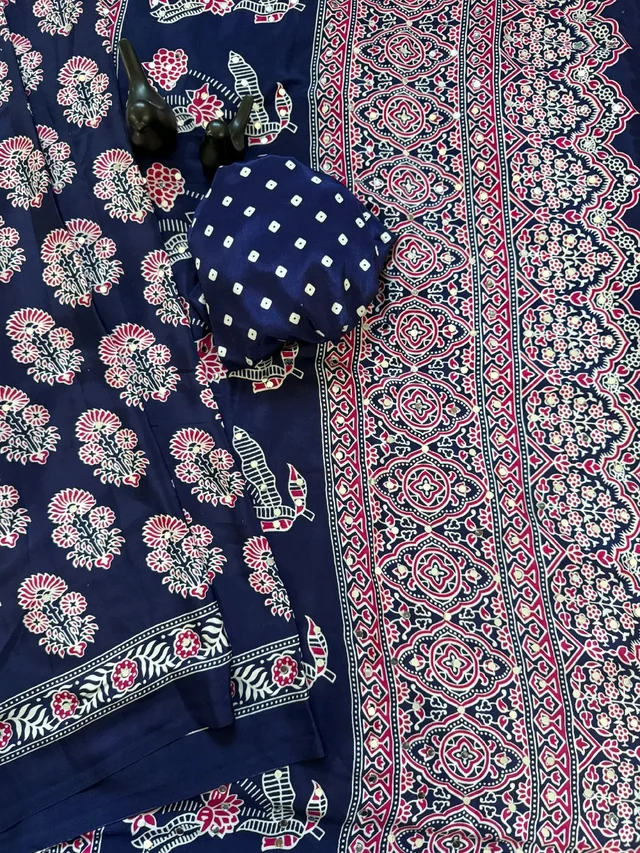 Ajrak Pure Ajrakh Satin Viscose Silk Saree with Mirror Work - Blue