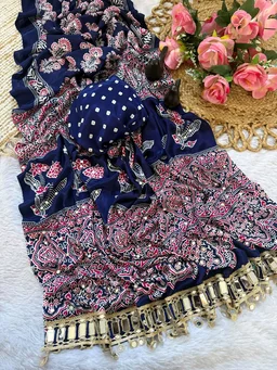 Ajrak Pure Ajrakh Satin Viscose Silk Saree with Mirror Work - Blue