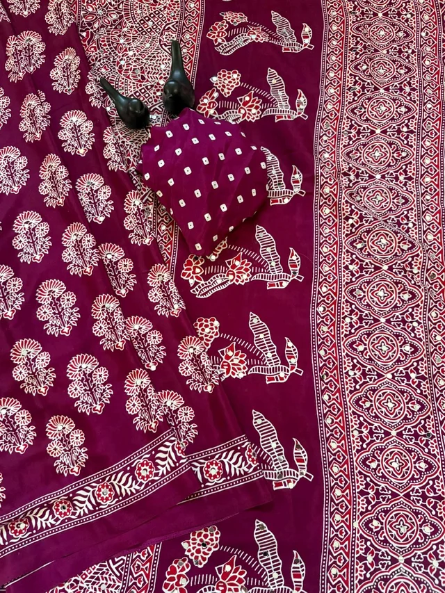 Ajrak Pure Ajrakh Satin Viscose Silk Saree with Mirror Work - Maroon