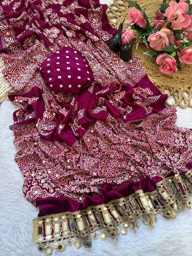 Ajrak Pure Ajrakh Satin Viscose Silk Saree with Mirror Work - Maroon