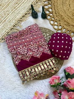 Ajrak Pure Ajrakh Satin Viscose Silk Saree with Mirror Work - Maroon