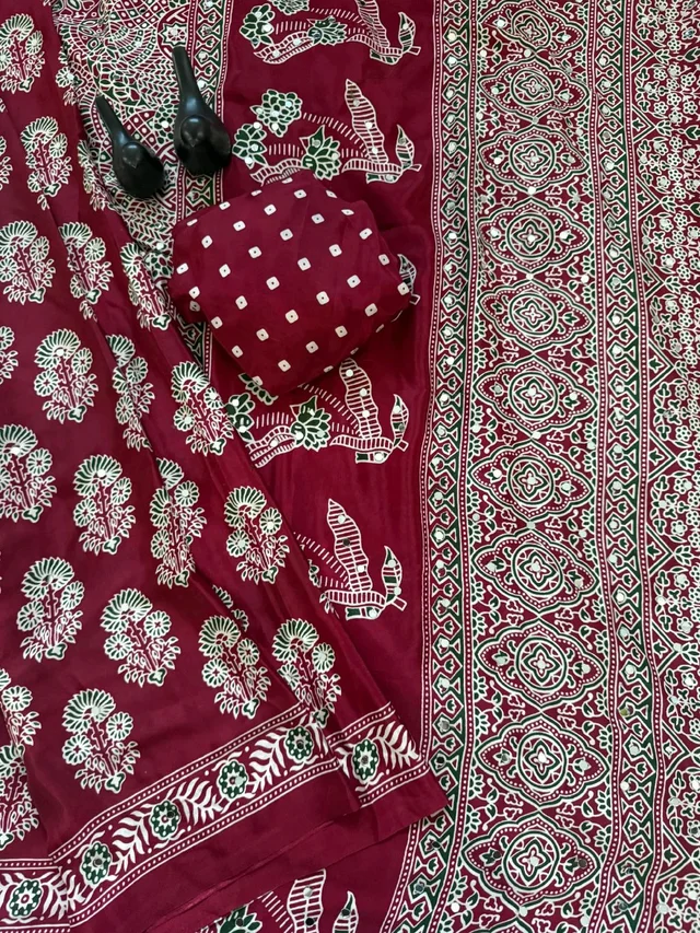 Ajrak Pure Ajrakh Satin Viscose Silk Saree with Mirror Work - Red