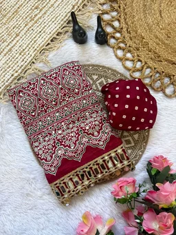 Ajrak Pure Ajrakh Satin Viscose Silk Saree with Mirror Work - Red