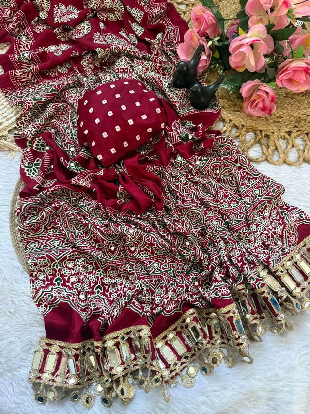Ajrak Pure Ajrakh Satin Viscose Silk Saree with Mirror Work - Red
