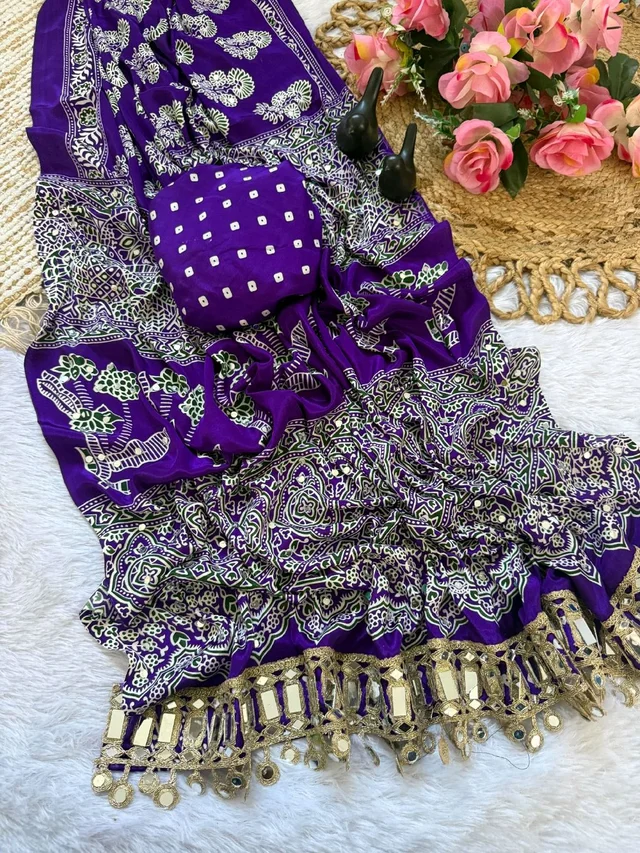 Ajrak Pure Ajrakh Satin Viscose Silk Saree with Mirror Work - Violet
