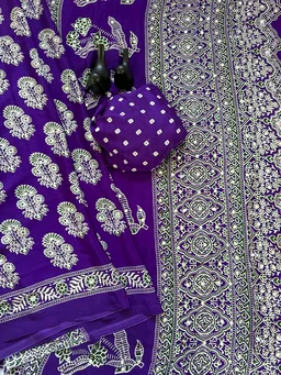 Ajrak Pure Ajrakh Satin Viscose Silk Saree with Mirror Work - Violet