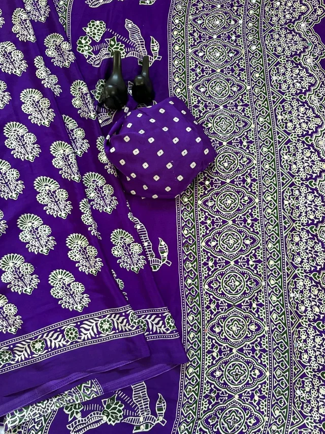 Ajrak Pure Ajrakh Satin Viscose Silk Saree with Mirror Work - Violet