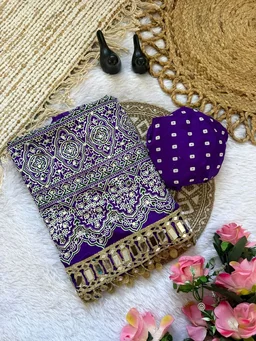 Ajrak Pure Ajrakh Satin Viscose Silk Saree with Mirror Work - Violet