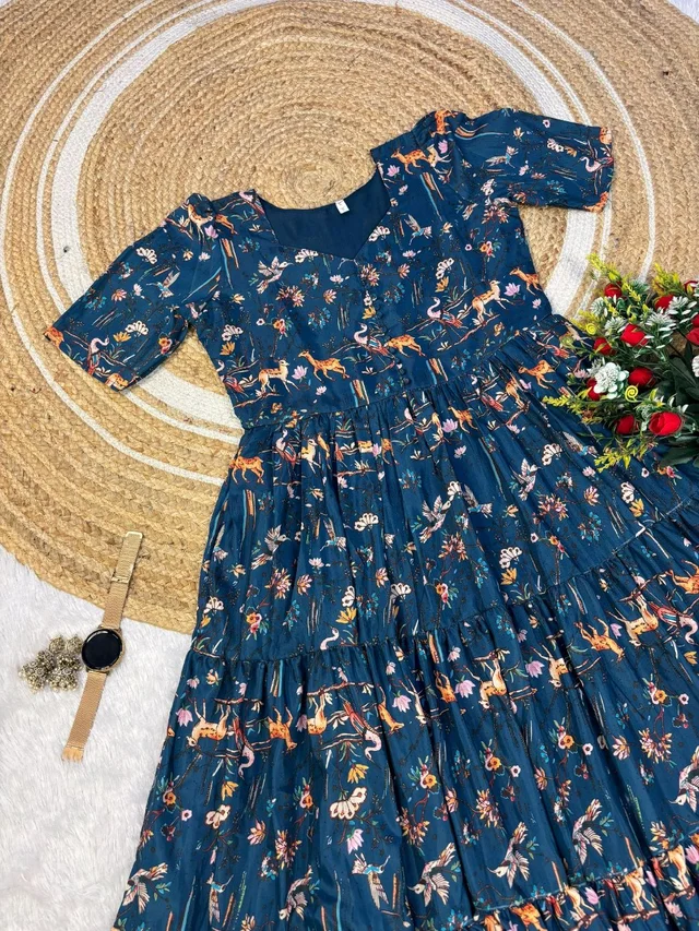 Wild Flora – Kalamkari Maxi Gown - S, Navy Blue