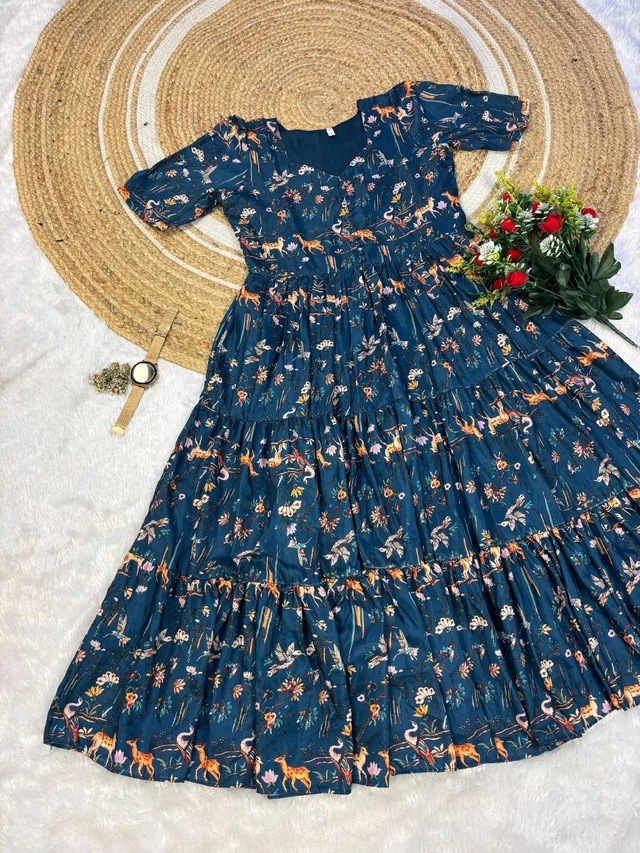 Wild Flora – Kalamkari Maxi Gown - S, Navy Blue