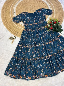 Wild Flora – Kalamkari Maxi Gown - M, Navy Blue