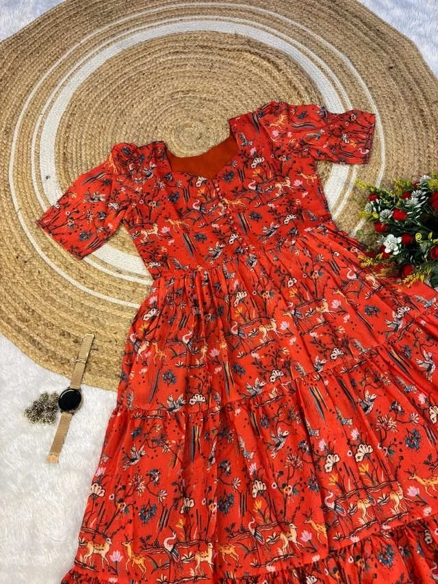 Wild Flora – Kalamkari Maxi Gown - XL, Orange
