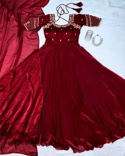 Velvet Grace – Premium Embroidery Sequence Gown with Dupatta - S, Maroon