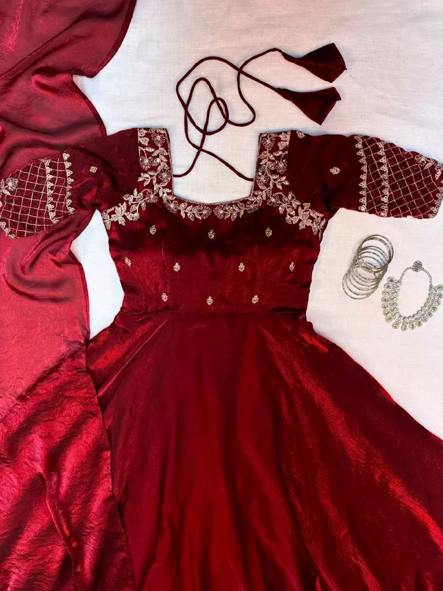 Velvet Grace – Premium Embroidery Sequence Gown with Dupatta - S, Maroon