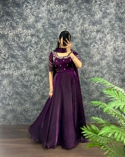 Velvet Grace – Premium Embroidery Sequence Gown with Dupatta - M, Wine