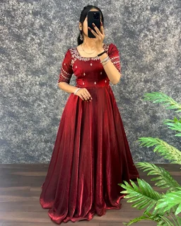Velvet Grace – Premium Embroidery Sequence Gown with Dupatta - M, Maroon