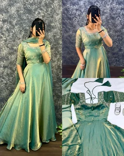 Velvet Grace – Premium Embroidery Sequence Gown with Dupatta - M, Pista