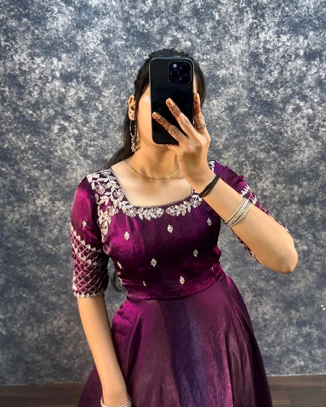 Velvet Grace – Premium Embroidery Sequence Gown with Dupatta - L, Wine