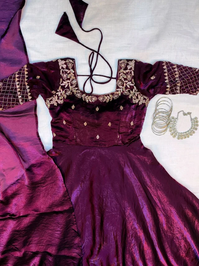 Velvet Grace – Premium Embroidery Sequence Gown with Dupatta - L, Wine