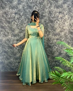 Velvet Grace – Premium Embroidery Sequence Gown with Dupatta - L, Pista