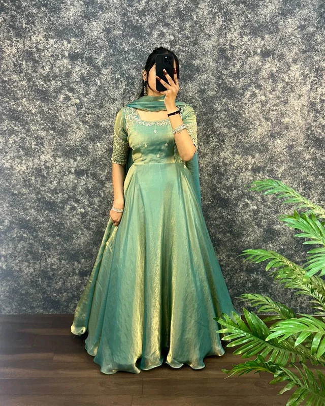 Velvet Grace – Premium Embroidery Sequence Gown with Dupatta - L, Pista
