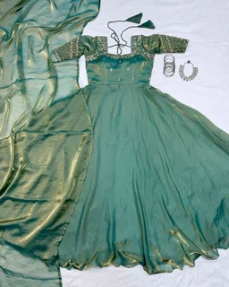Velvet Grace – Premium Embroidery Sequence Gown with Dupatta - L, Pista