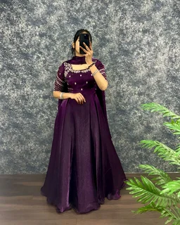Velvet Grace – Premium Embroidery Sequence Gown with Dupatta - XL, Wine