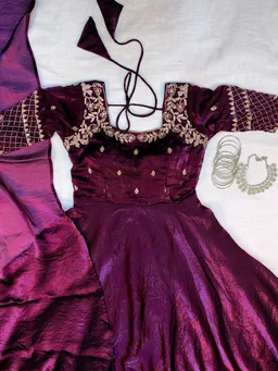 Velvet Grace – Premium Embroidery Sequence Gown with Dupatta - XL, Wine