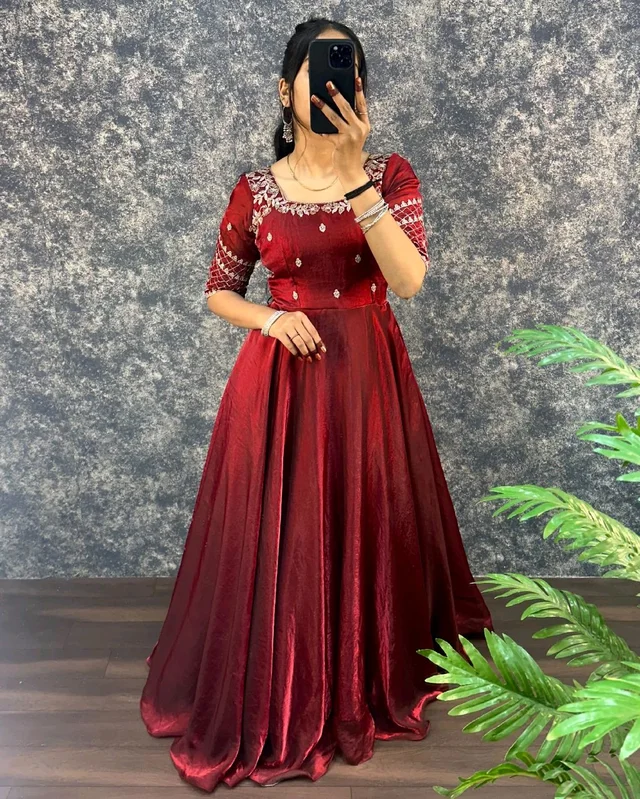 Velvet Grace – Premium Embroidery Sequence Gown with Dupatta - XL, Maroon