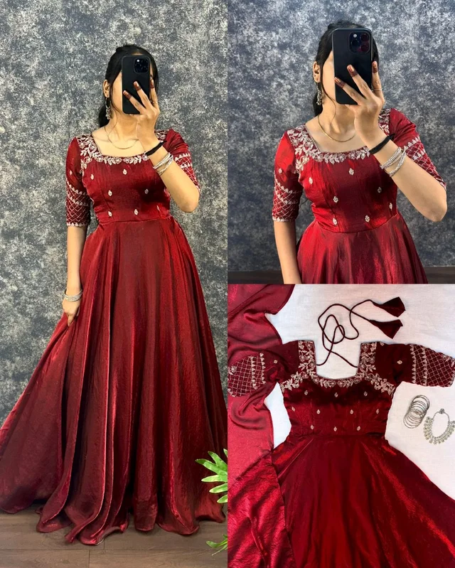 Velvet Grace – Premium Embroidery Sequence Gown with Dupatta - XL, Maroon