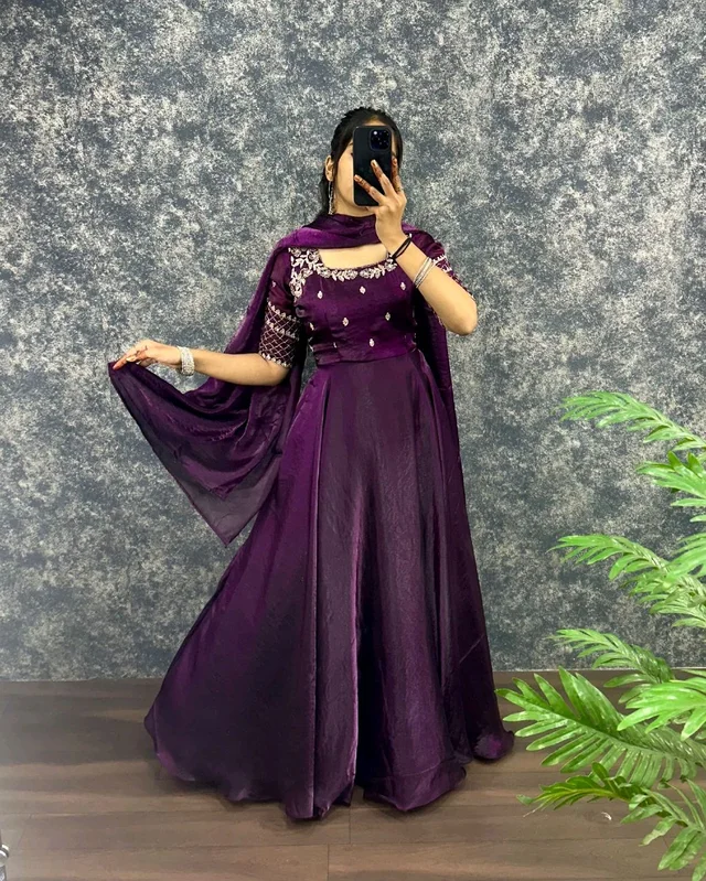 Velvet Grace – Premium Embroidery Sequence Gown with Dupatta - 2XL, Wine
