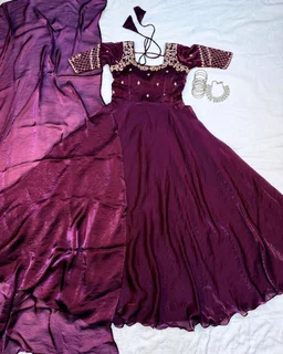 Velvet Grace – Premium Embroidery Sequence Gown with Dupatta - 2XL, Wine
