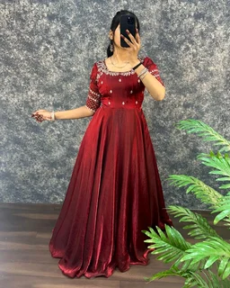 Velvet Grace – Premium Embroidery Sequence Gown with Dupatta - 2XL, Maroon