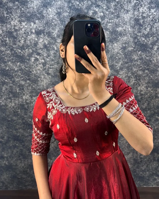 Velvet Grace – Premium Embroidery Sequence Gown with Dupatta - 3XL, Maroon